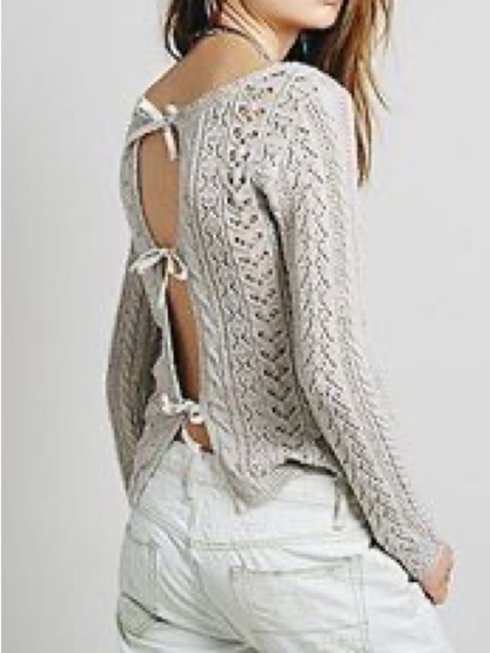Free People Knit Open Back Bow Sweater Oatmeal